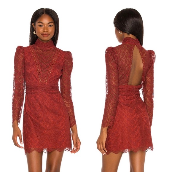 Revolve Saylor Celia long sleeve lace mini dress in russet color - Picture 1 of 2